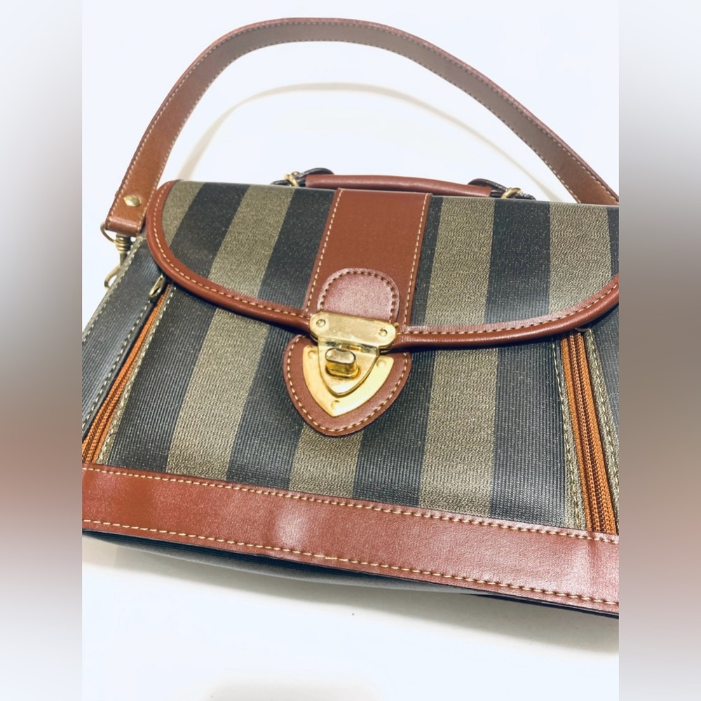 1980’s Vintage Structured Shoulder Bag - Striped Black, Grey and Brown - Picture 5 of 11